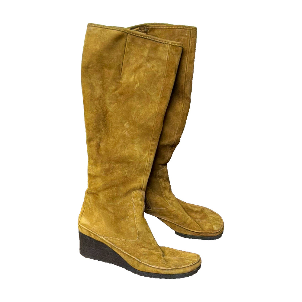 Vintage Via Spiga Women's Brown Suede Knee High Wedge Boots Zip Round Toe US 8